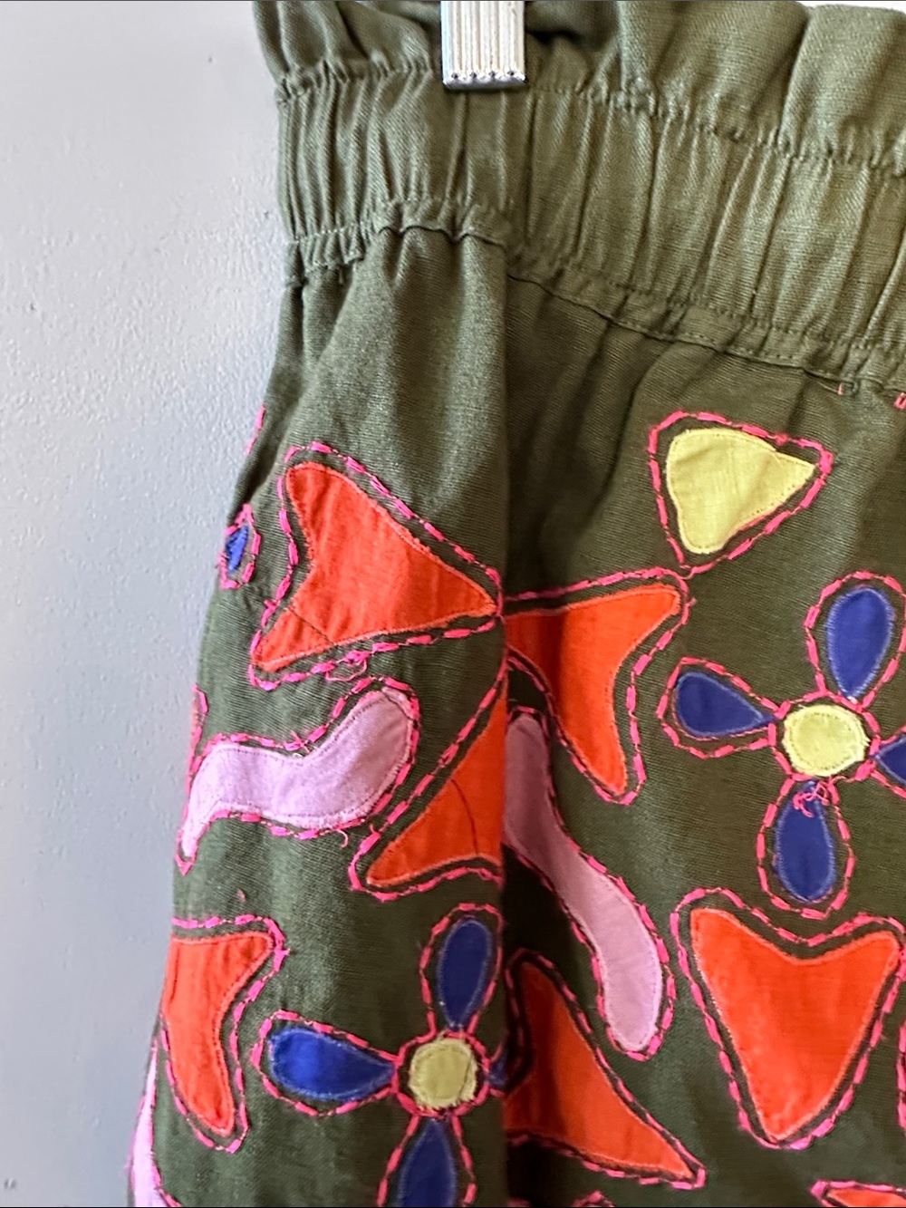 Anthropologie medium Olive Embroidered Floral Mini Skirt - Pink & Orange Accents - Picture 3 of 6
